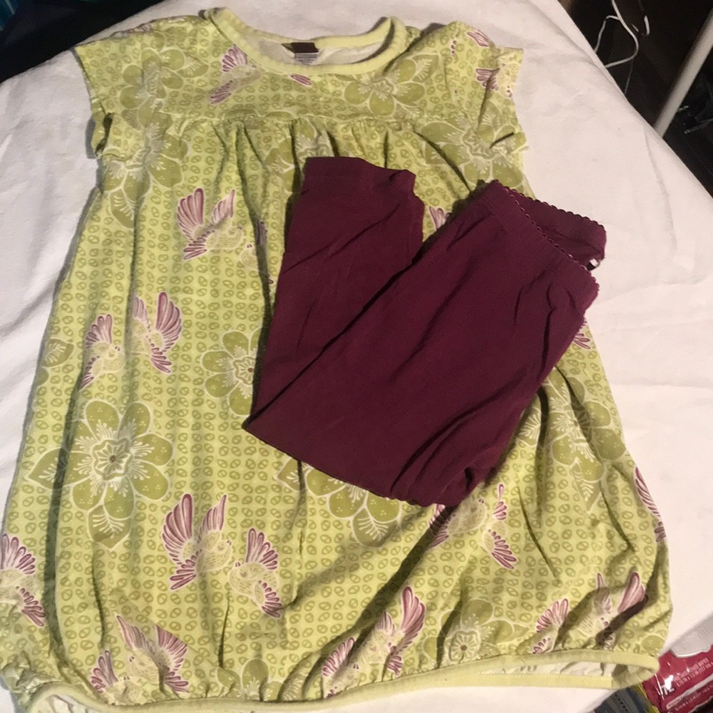 Tea girls Floral Green Dress with matching Maroon Leggings